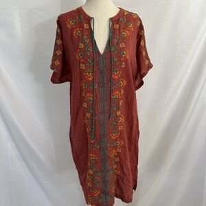 Natural Life Mini Dress LARGE Rust Embroidered Tassel Coverup Boho Festival